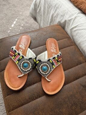 Naughty Monkey Tan Leather Thong Sandals with Turquoise & Multicolor Beadwork
